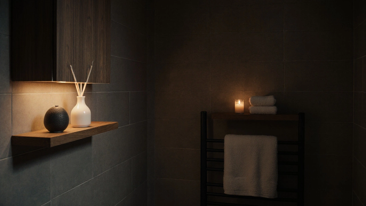 A quiet, clutter-free bathroom at night with a glowing reed diffuser, a hidden speaker, and a single candle casting soft light.