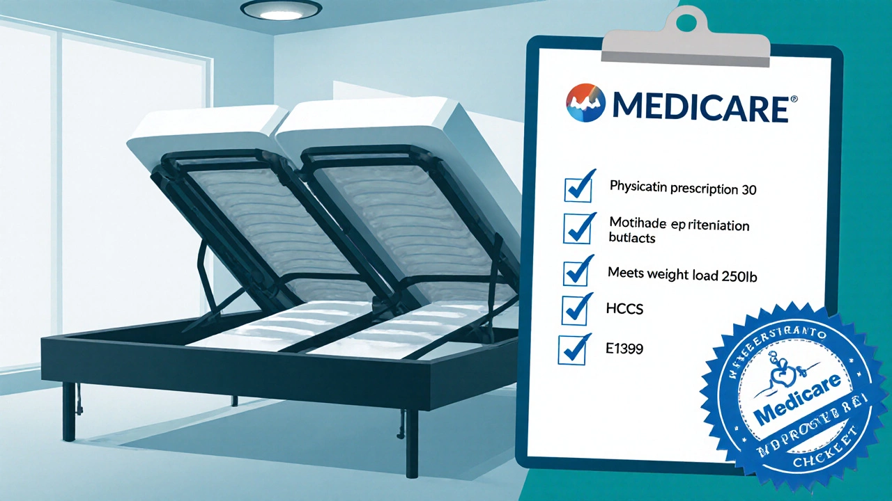 Adjustable bed raised with checklist and Medicare approval elements in a bedroom.