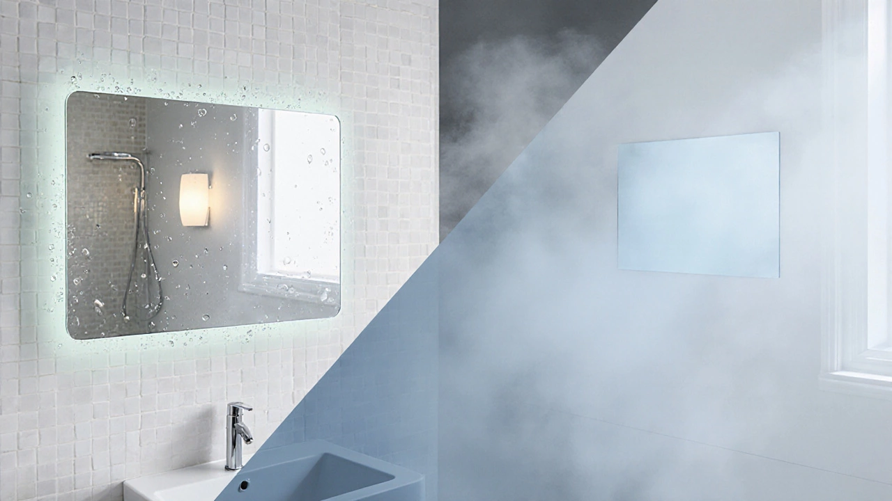 Bathroom showing a clear anti‑fog mirror next to a fogged, cheap mirror.