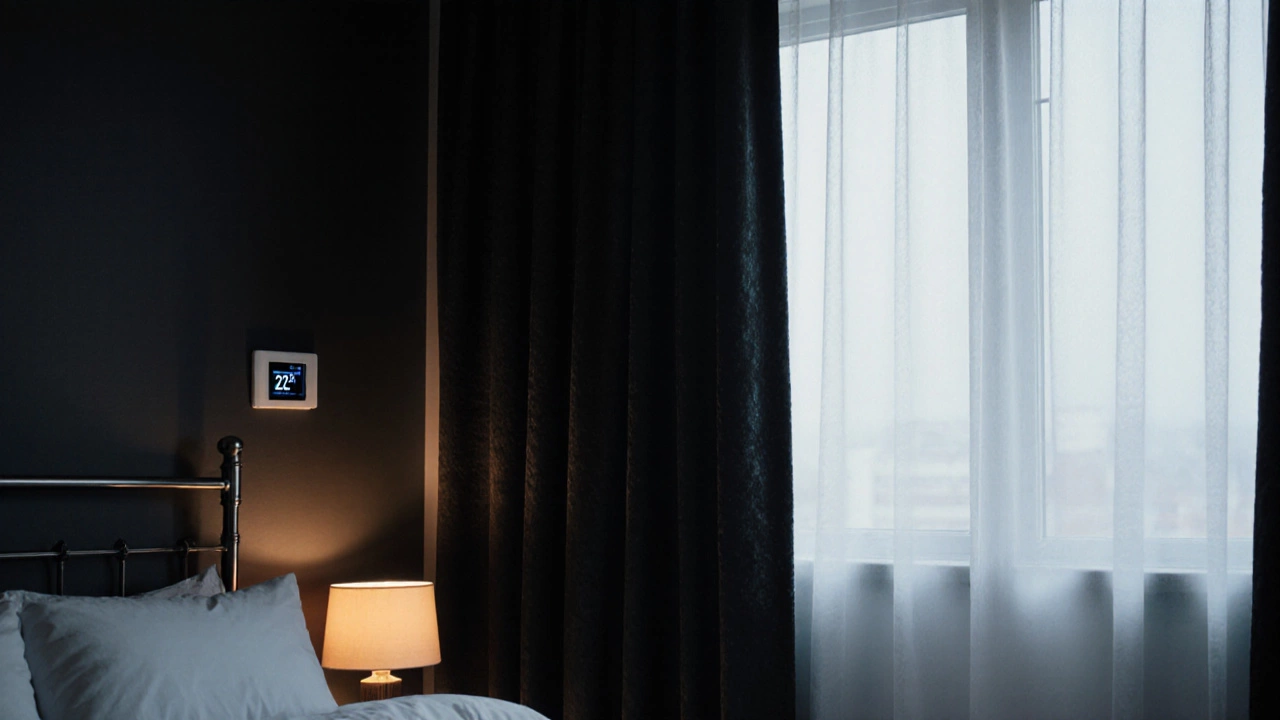 Bedroom with closed jet black blackout curtains, lamp glow, and cool temperature display.