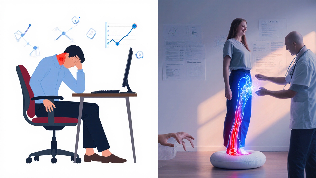 Before‑and‑after scene of a person experiencing sciatic pain relief after using a donut cushion.