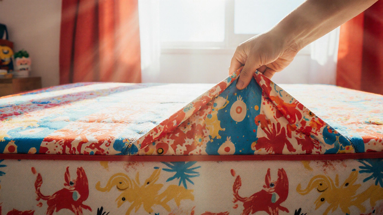 Child&#039;s bed with a colorful fitted sheet being stretched over the mattress.
