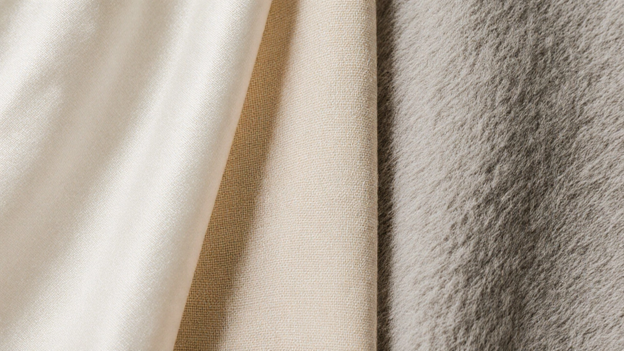Close-up of cotton, linen, polyester, and flannel fabric swatches displayed with soft lighting.