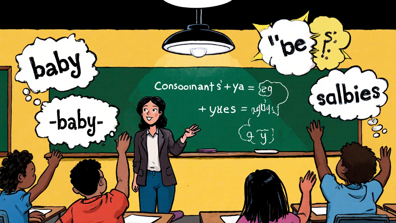 Comic-style classroom where a teacher demonstrates the y‑to‑ies rule to attentive students.