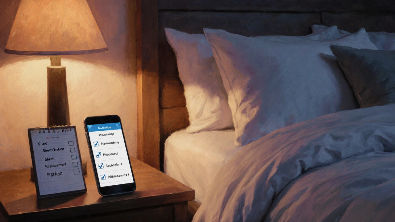 Cozy night bedroom with a checklist, fresh bedding, and lamp light.