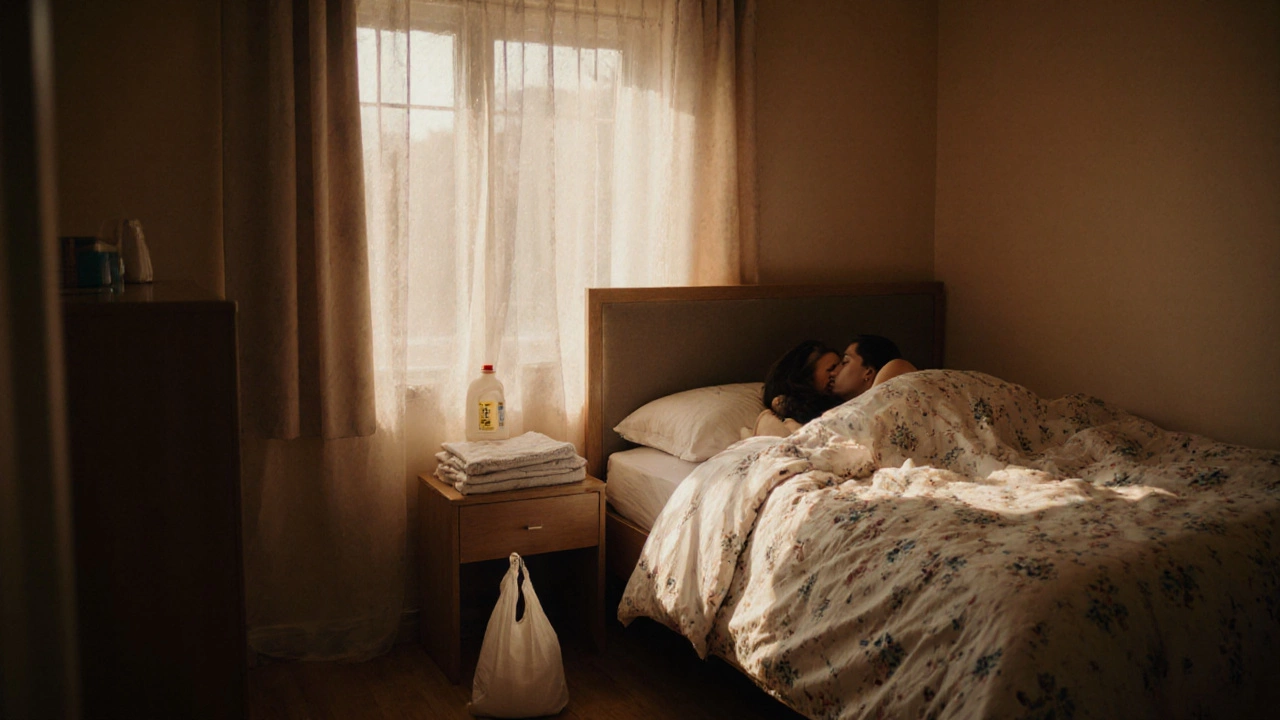 Cozy small bedroom with a full‑size bed, warm lighting, and a hint of laundry care.