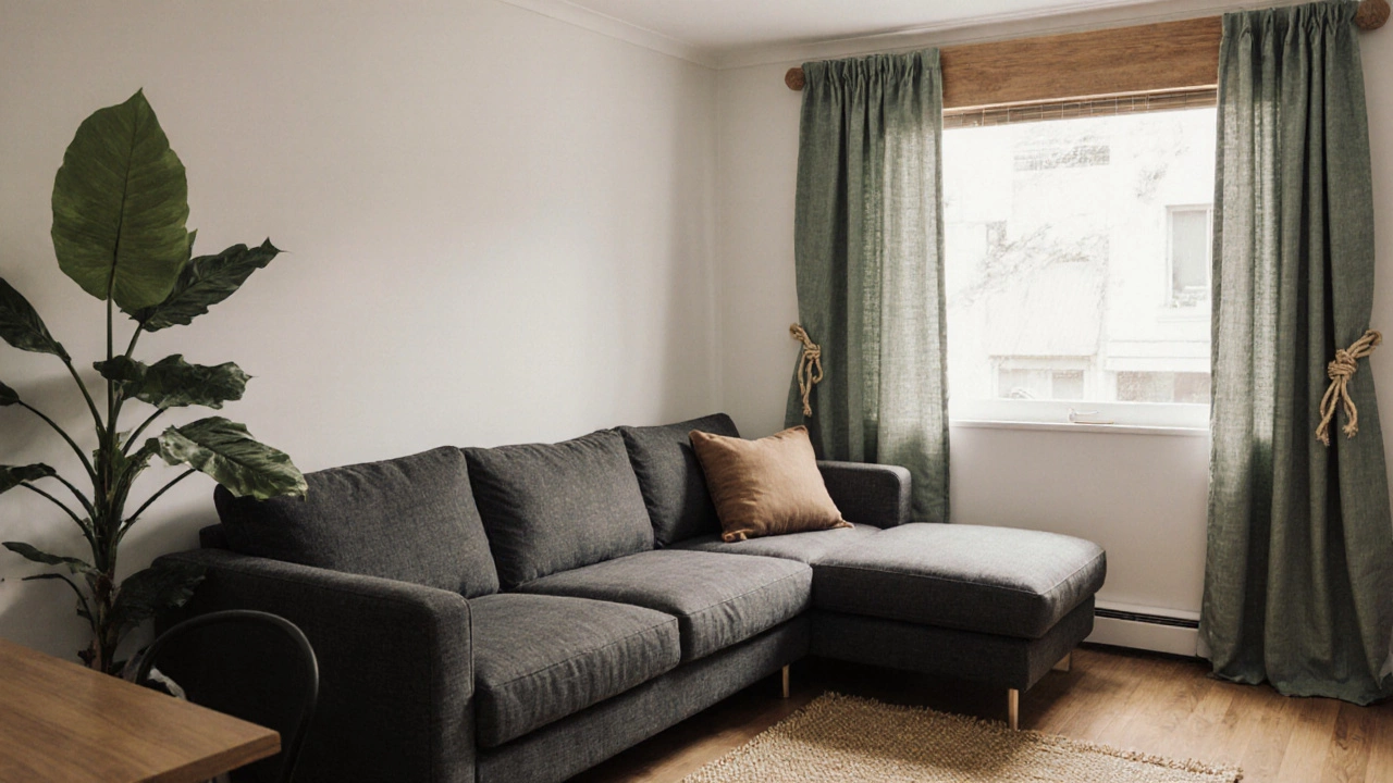 Cozy Wellington apartment with charcoal sofa, sage‑green linen curtains, and plant.