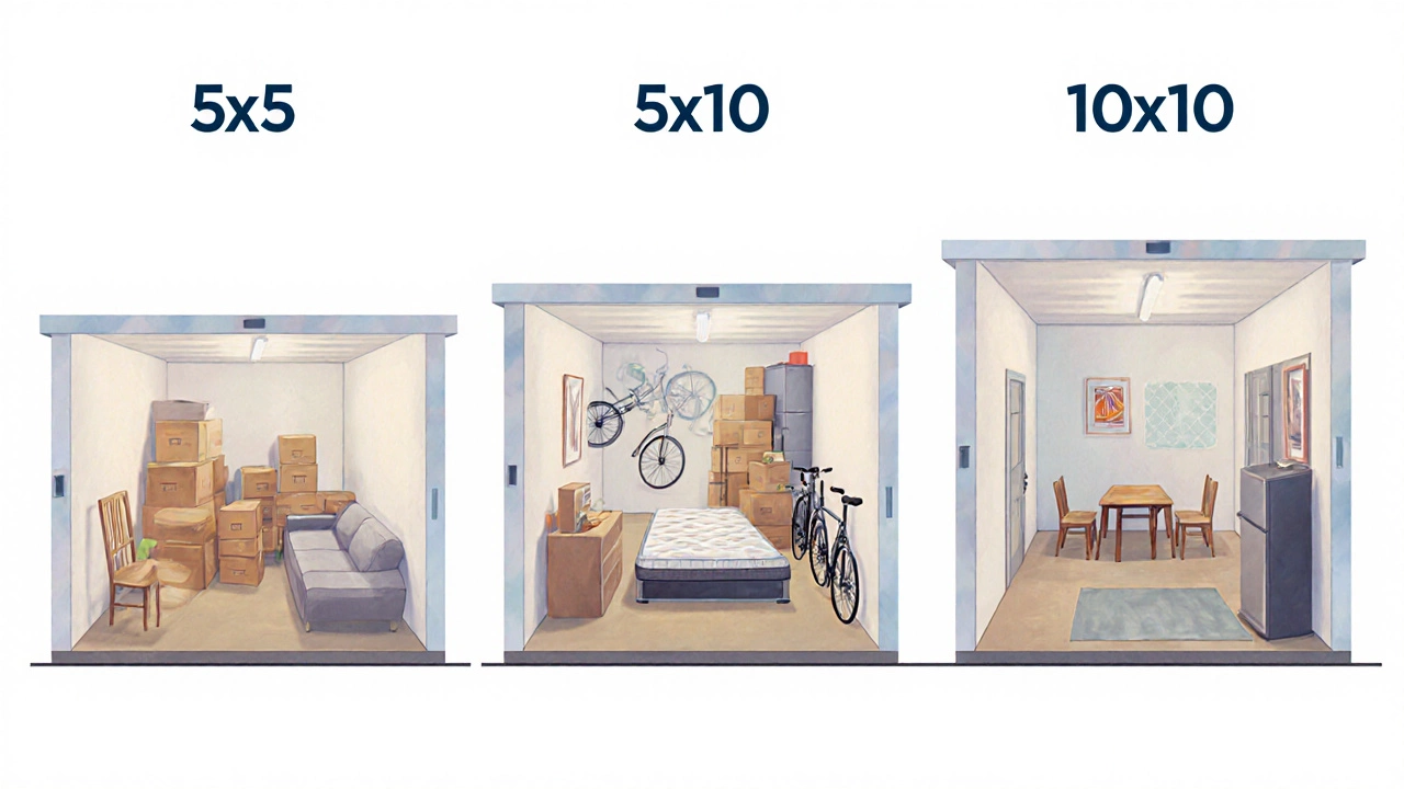 Cutaway illustration comparing 5x5, 5x10, and 10x10 storage units and their contents.