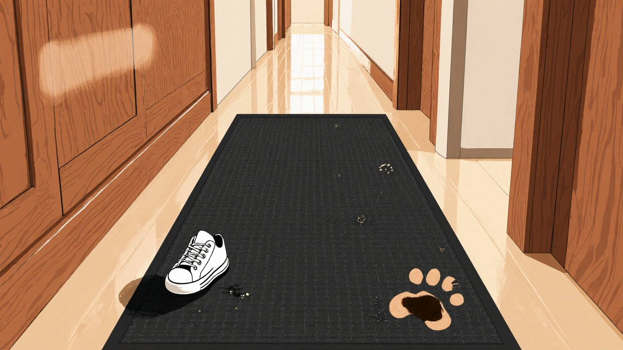 Dark charcoal low‑pile synthetic rug in a hallway blends footprints and pet paw prints.