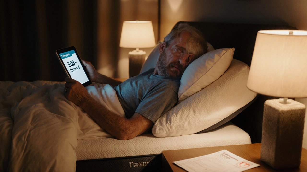 Elderly man relaxes on a raised Tempurpedic bed with approved Medicare paperwork nearby.