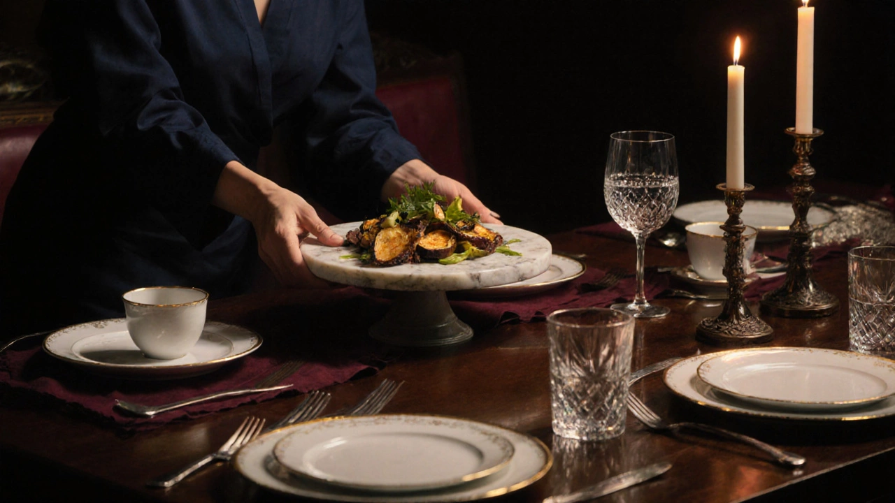 Elegant dinner party scene with marble serveware, crystal glasses and porcelain plates being arranged.