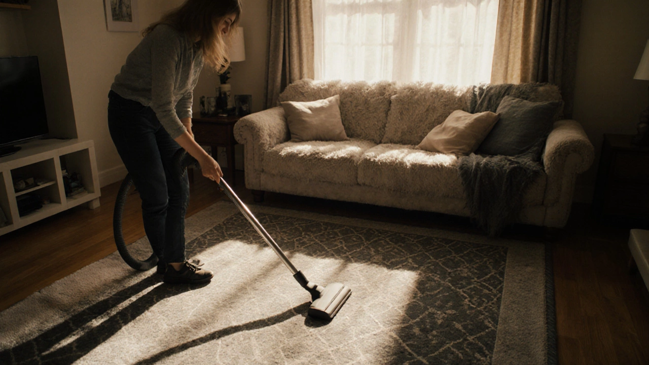 Family rotates a medium‑gray patterned rug on a pad while a vacuum rests nearby.