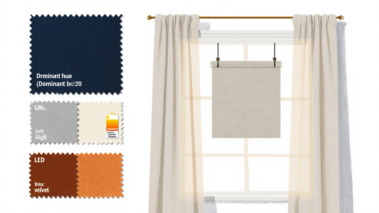 Flat‑lay illustration of fabric swatches and lighting tests for selecting curtain colours.