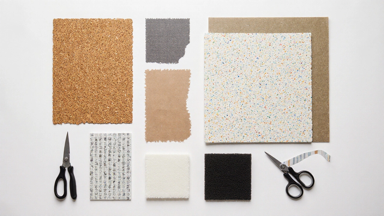 Flat‑lay of various shelf‑liner materials and tools arranged on a white background.