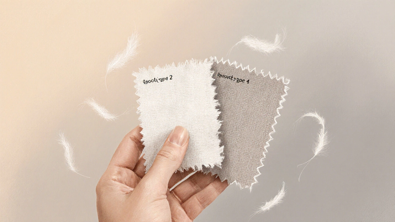 Hand holding two fabric samples: one rough, one smooth, showing fiber quality difference.