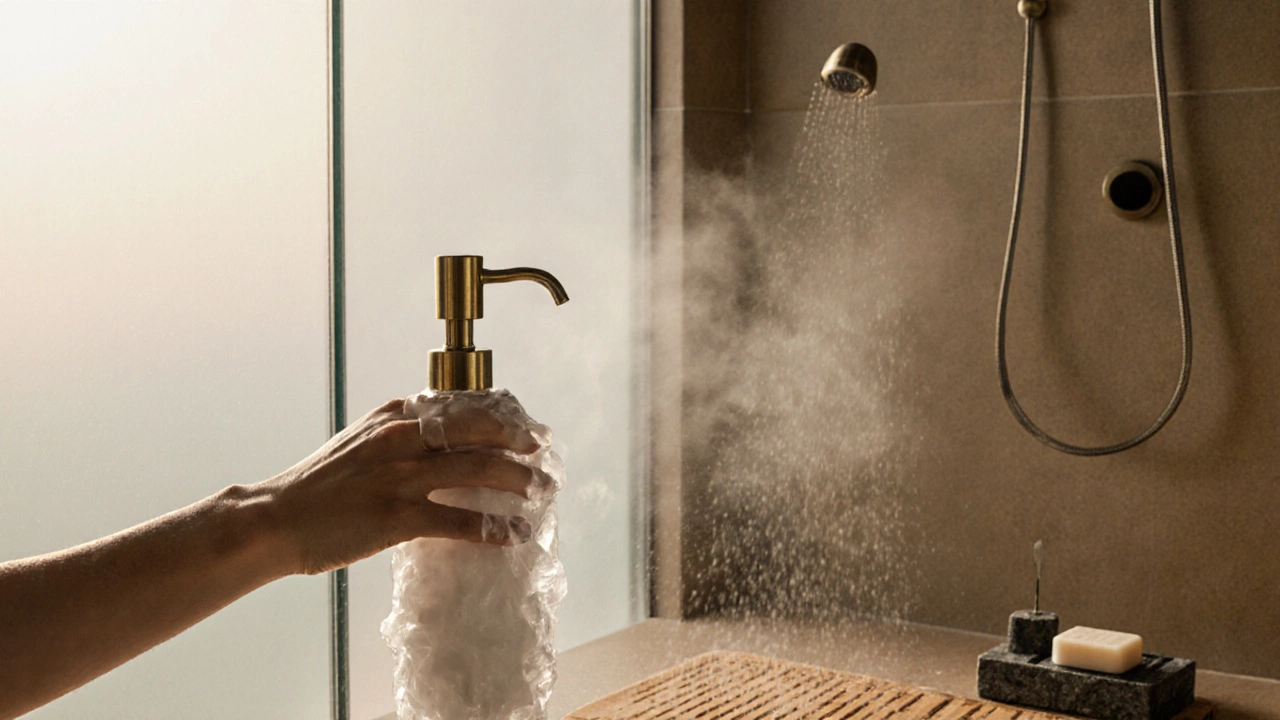 Hand pressing a heavy brass soap dispenser as steam rises from a rainfall shower, with natural stone accents nearby.