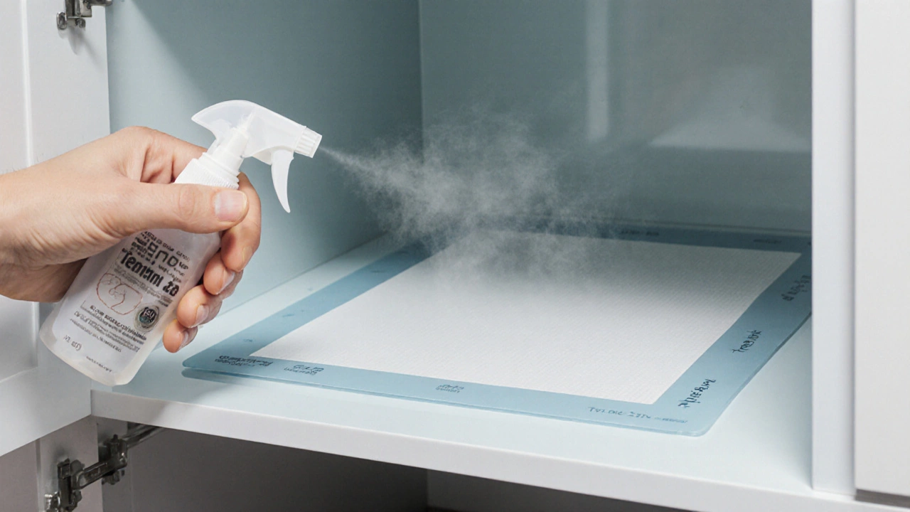 Hand pressing a silicone baking mat onto a bathroom shelf with spray adhesive nearby.