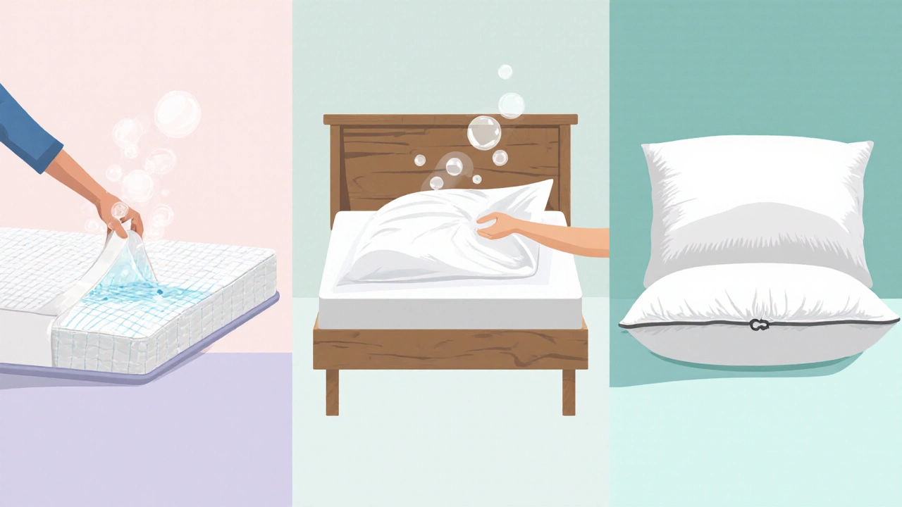 Illustration of rotating a mattress, washing sheets, and fluffing a pillow.