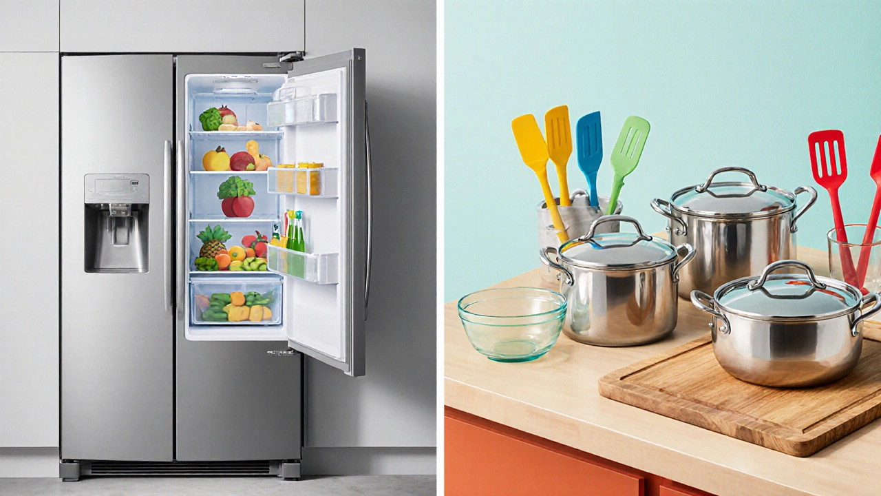 Illustration showing a fridge on one side and kitchen utensils on the other.