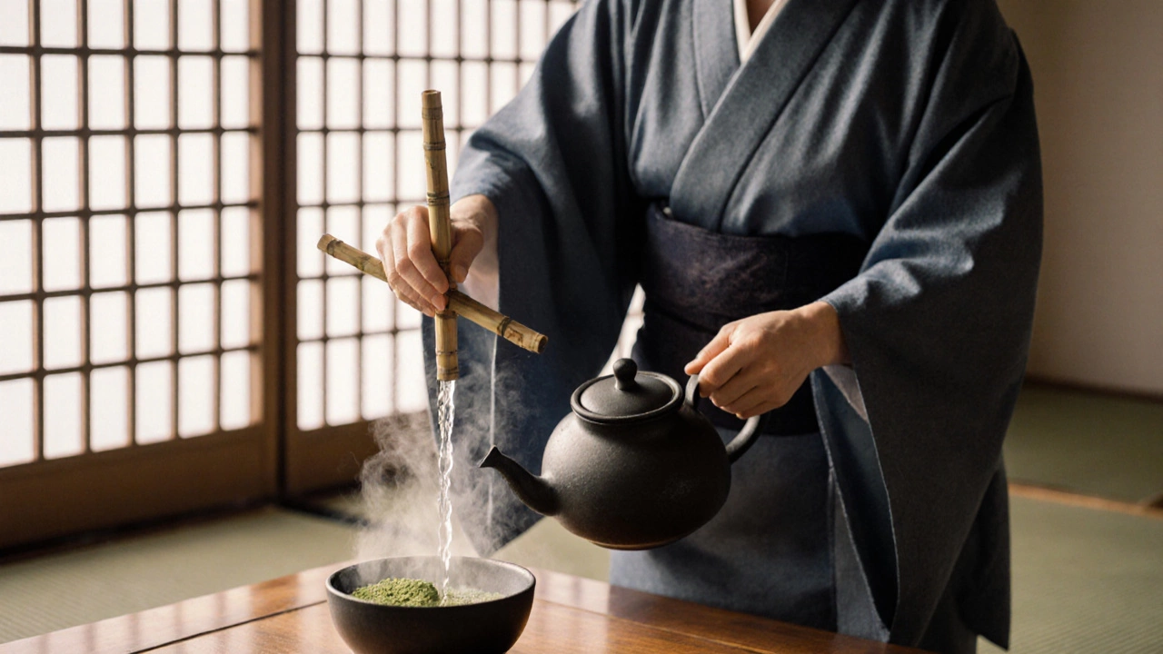Ink‑wash scene of a tea ceremony host pouring water with a bamboo hishaku into a tea bowl.
