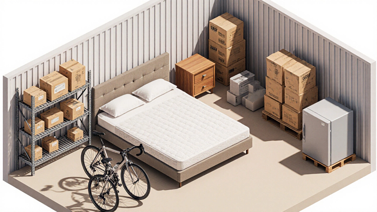 Isometric view of a 5x10 unit packed with sofa, mattress, boxes, bikes, and shelves.