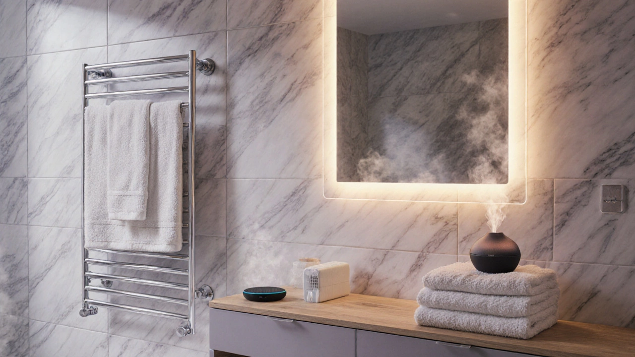 Luxurious bathroom scene with smart mirror, heated towel rack, LED strip lighting and aromatic diffuser.
