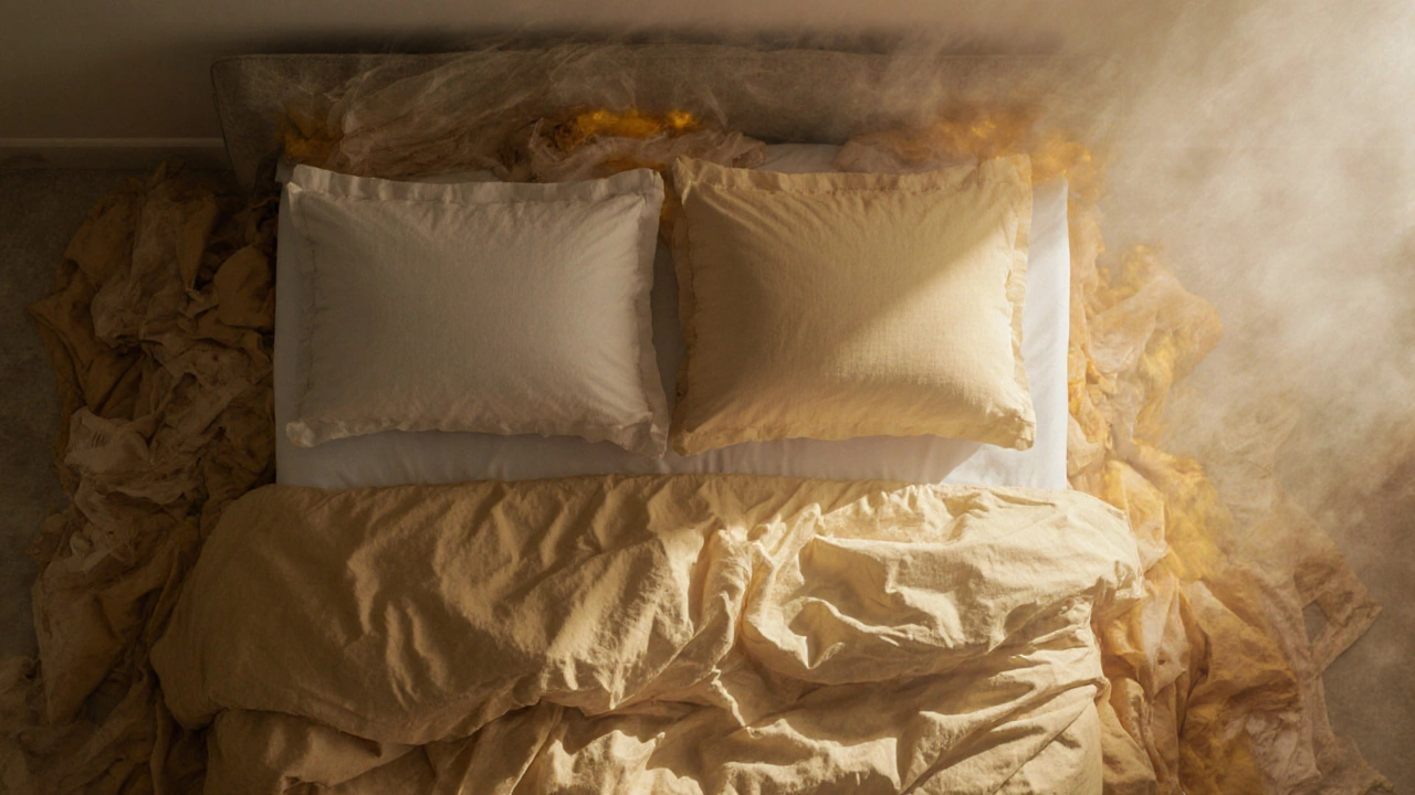 Luxurious bed with premium bedding glowing softly as cheaper sheets fade away.