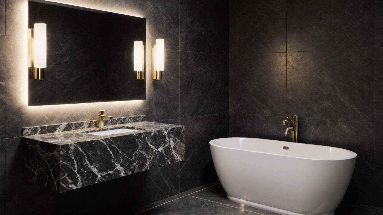 Luxury bathroom illustration showing quartz vanity, gold faucet, and LED ambient lighting.