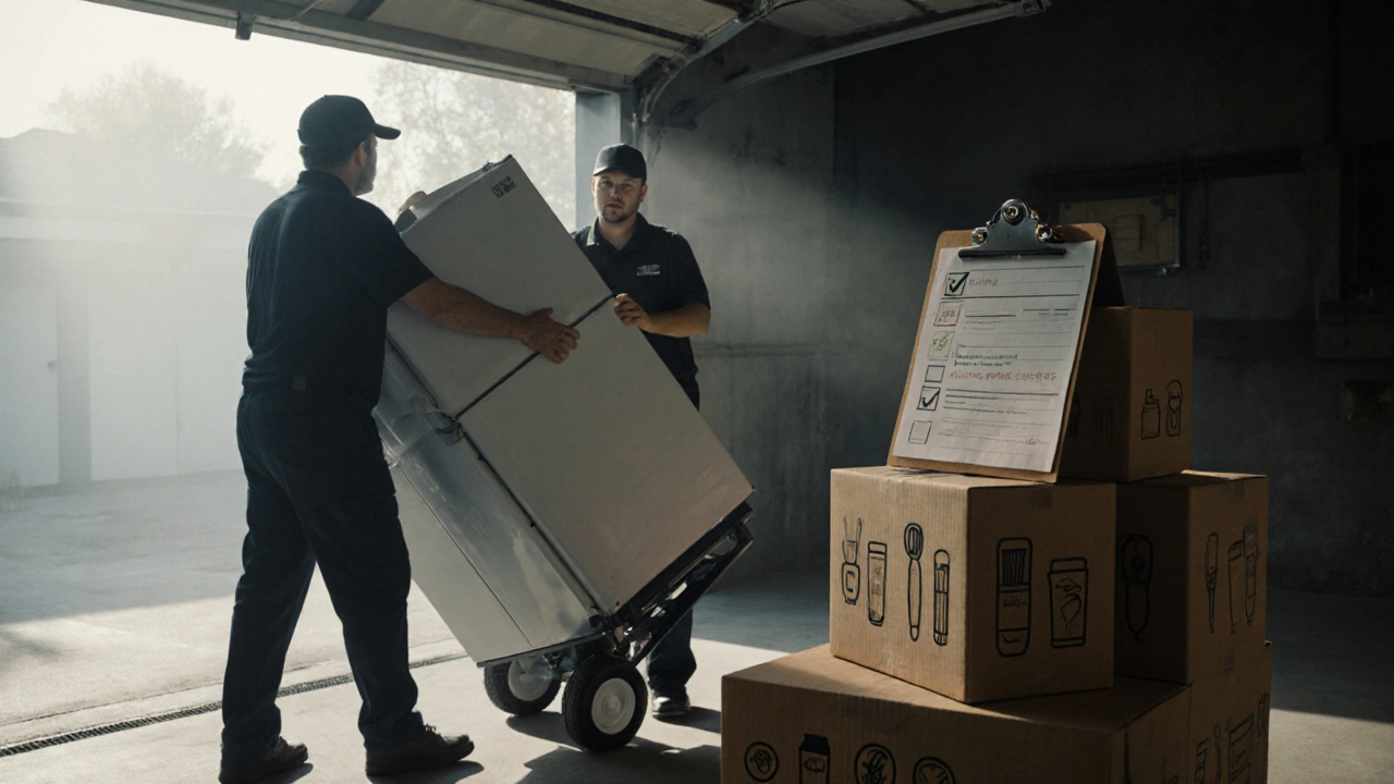 Movers loading a refrigerator while boxes of kitchenware are packed nearby.