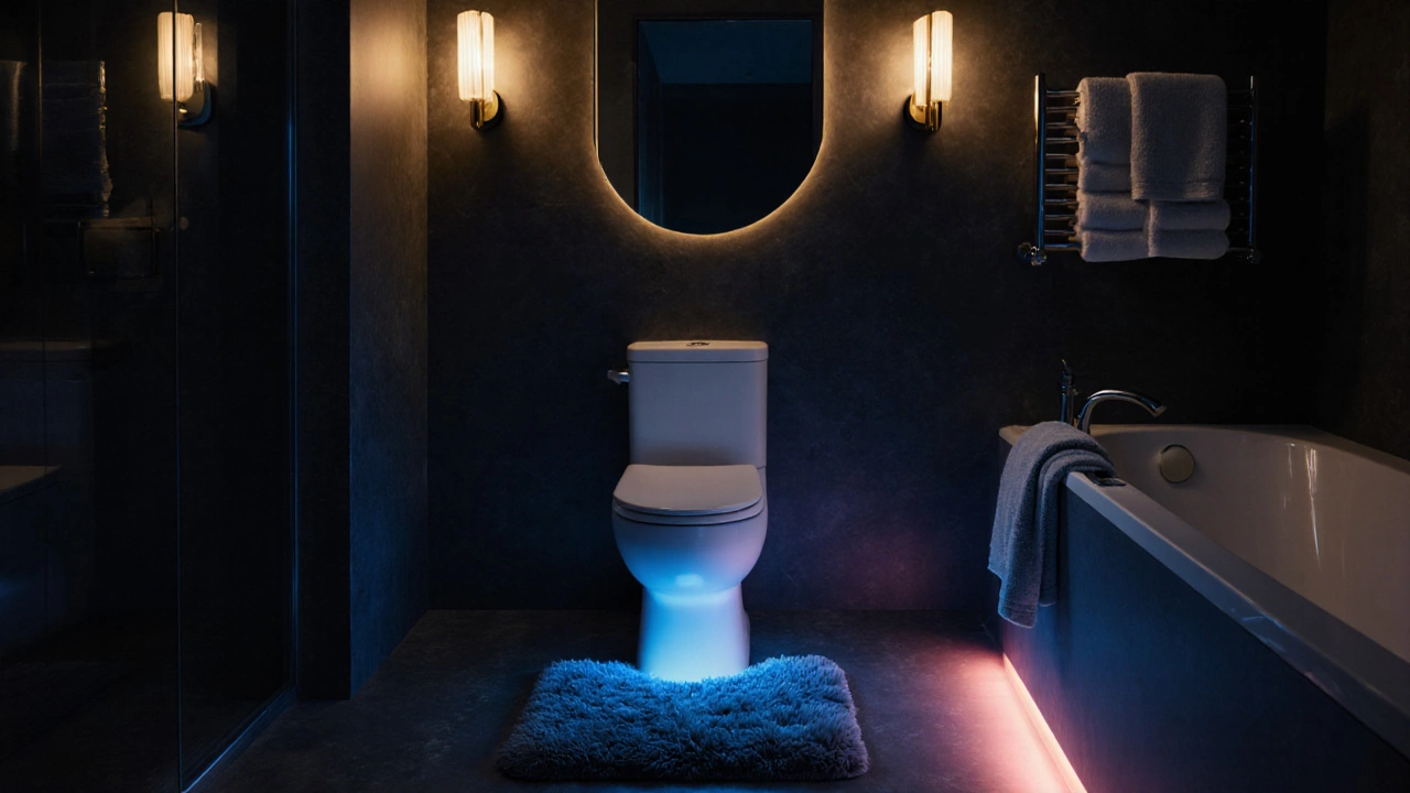 Night‑time boujee bathroom with smart toilet, back‑lit mirror, and heated stone floor.