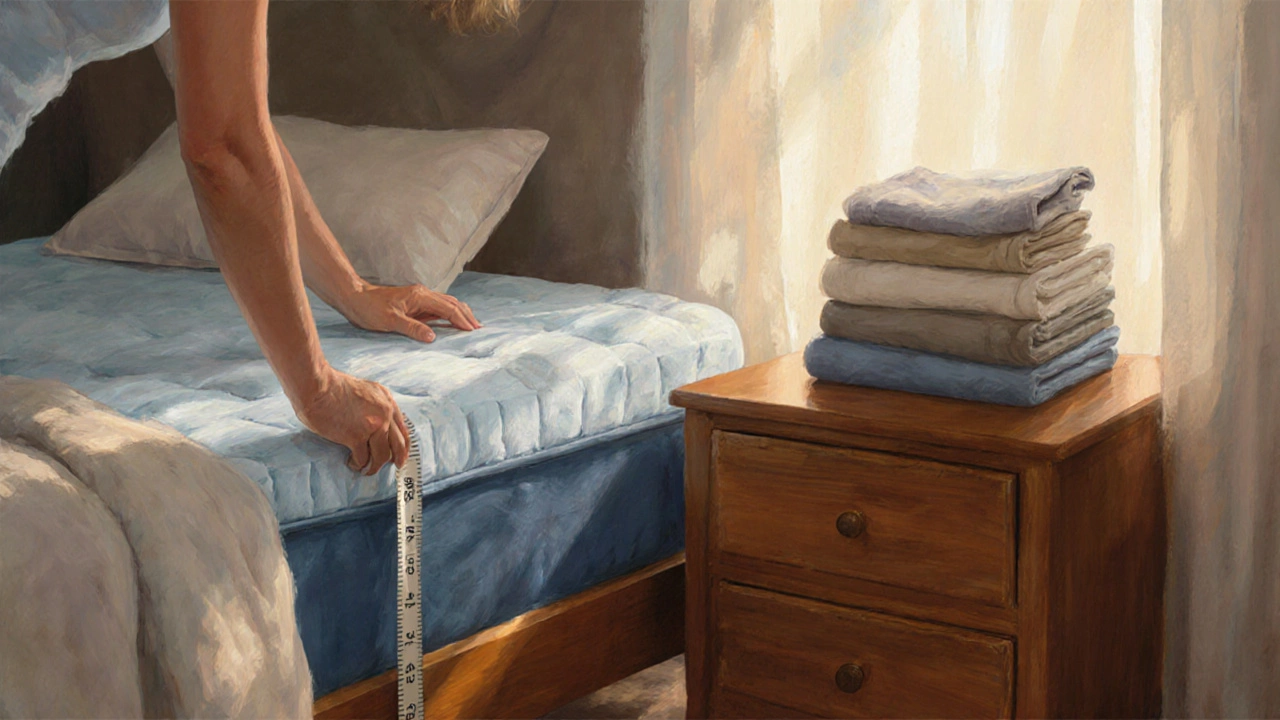 Person measuring a deep mattress while choosing a sheet set, surrounded by pillowcases and a duvet on a tidy bedroom.