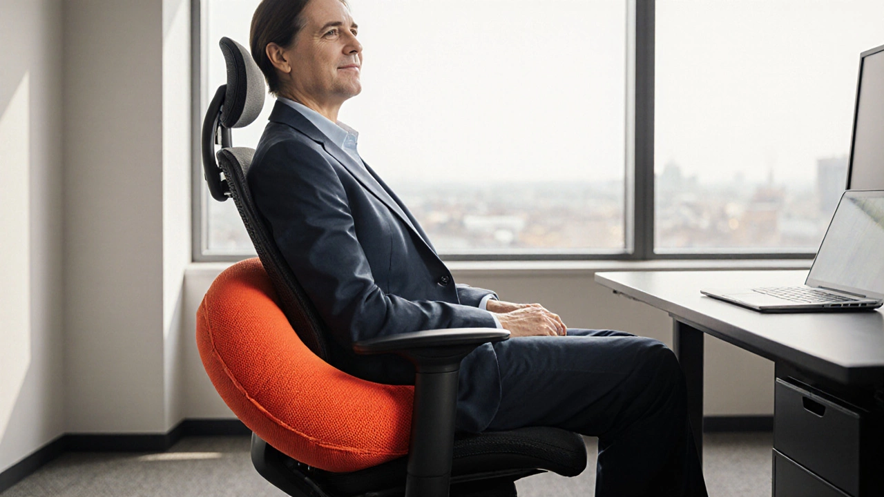 Person seated on an office chair with a colorful donut cushion, showing proper posture.