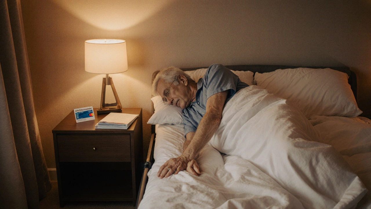 Senior man resting comfortably in an adjustable bed with head elevated, Medicare card on nightstand.
