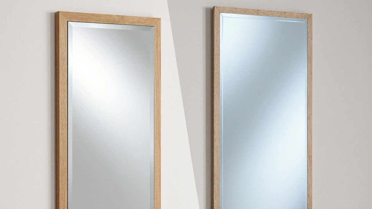 Side‑by‑side comparison of a premium glass mirror with silver backing and a cheap acrylic mirror with aluminum backing.