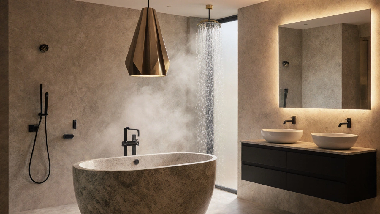 Spa‑like bathroom featuring a stone freestanding tub, rain showerhead, and LED vanity lighting.