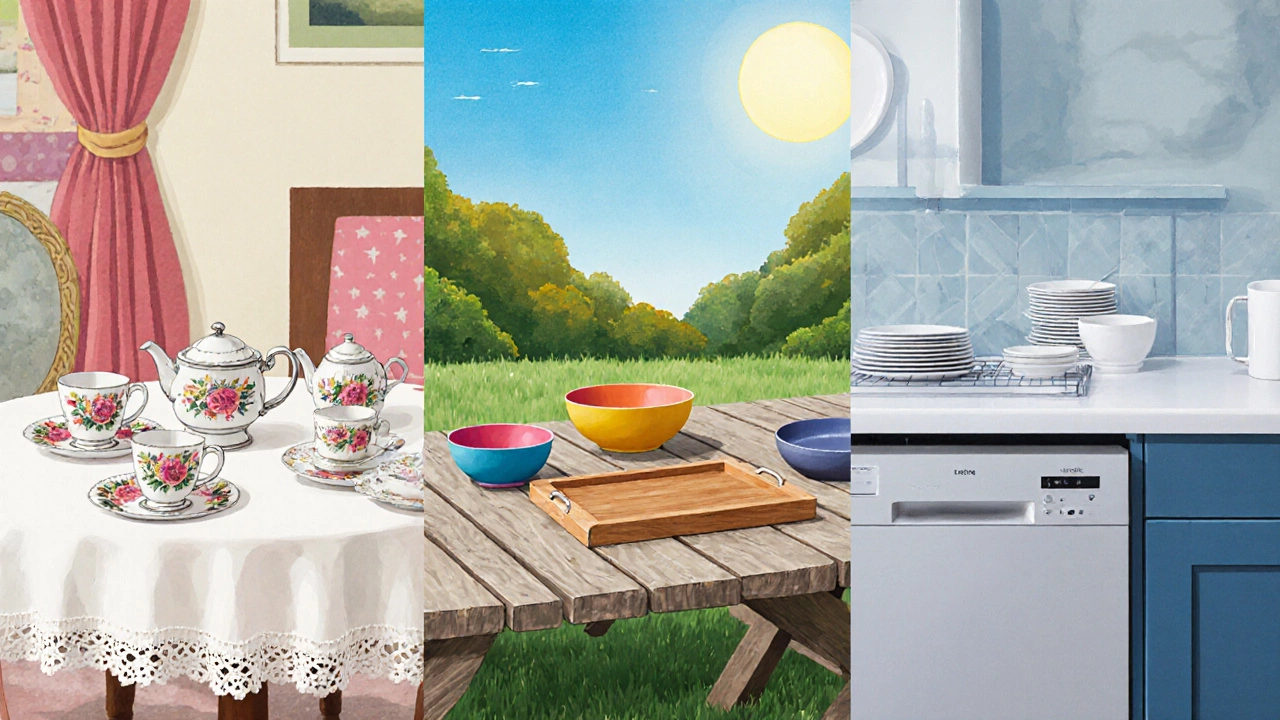 Three regional dining settings showing British porcelain, Australian stoneware, and American melamine dishware.