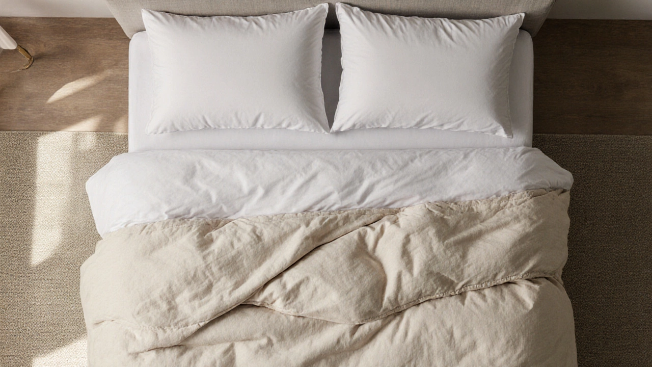 Top‑down view of a neatly made full‑size bed with all set components displayed.