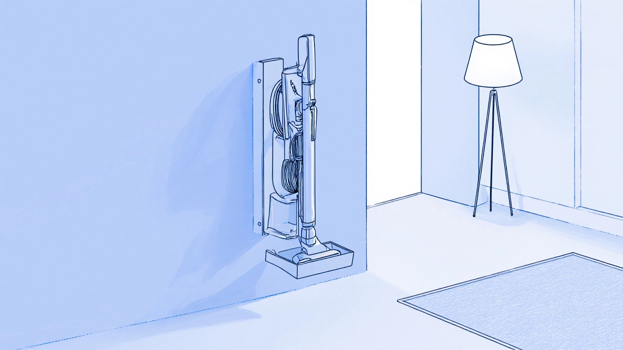 Upright vacuum hanging on a wall‑mounted bracket, freeing floor space.