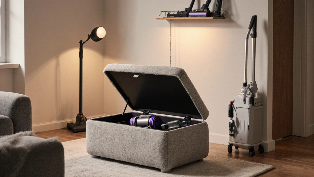 Vacuum hidden inside an ottoman with accessories, creating a tidy room.