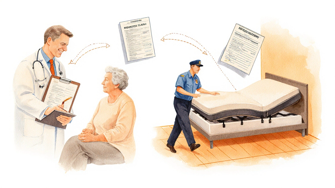 Watercolor illustration of doctor prescribing, supplier delivering adjustable bed, and Medicare paperwork.