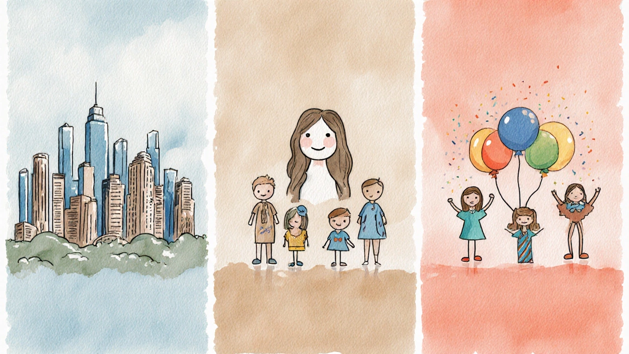 Watercolor scene showing a city, family, and party items transforming into their plural versions.