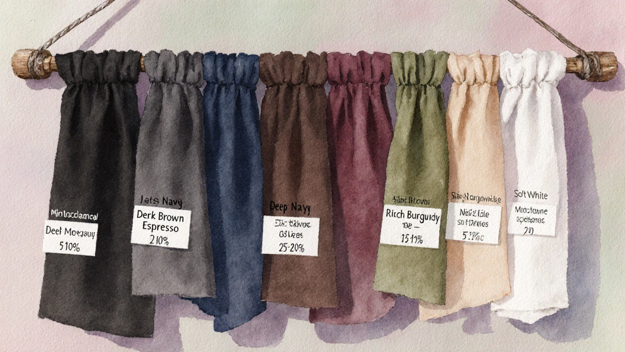 Watercolor swatches of curtain colors with transmission percentages on a wooden rack.