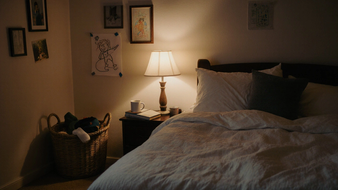 A calm bedroom with a basket of returned items beside the bed, soft lamplight and personal touches visible.