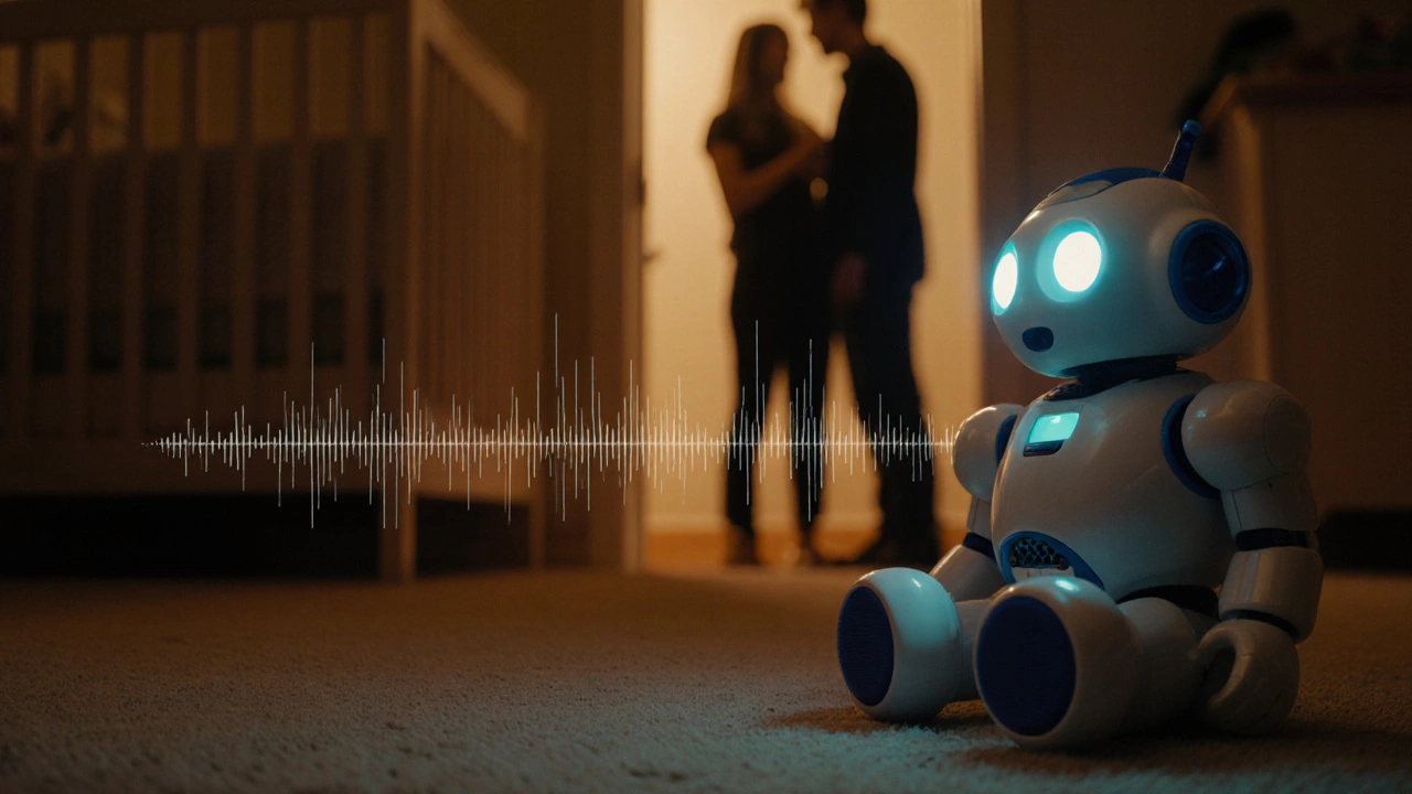 A child&#039;s toy robot glows in a nursery as a couple argues nearby, hinting at hidden digital recording.