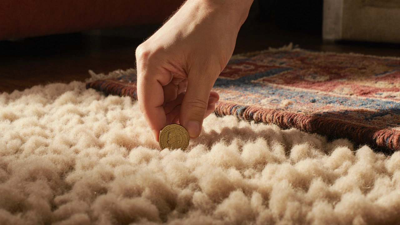 A hand pressing a coin into a wool rug as the pile springs back, showing resilience.