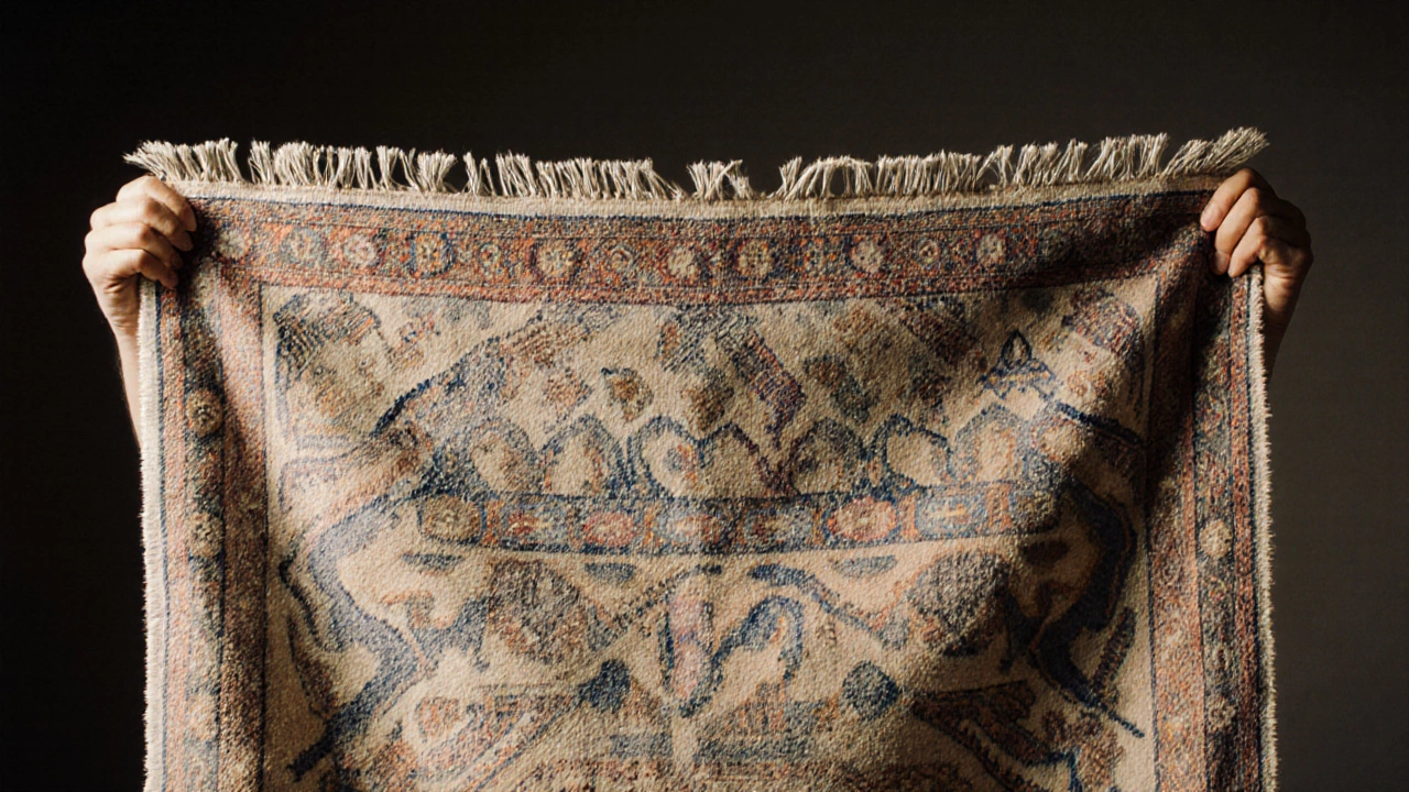 A rug held up to light revealing mirrored front and back patterns with natural dye variations.