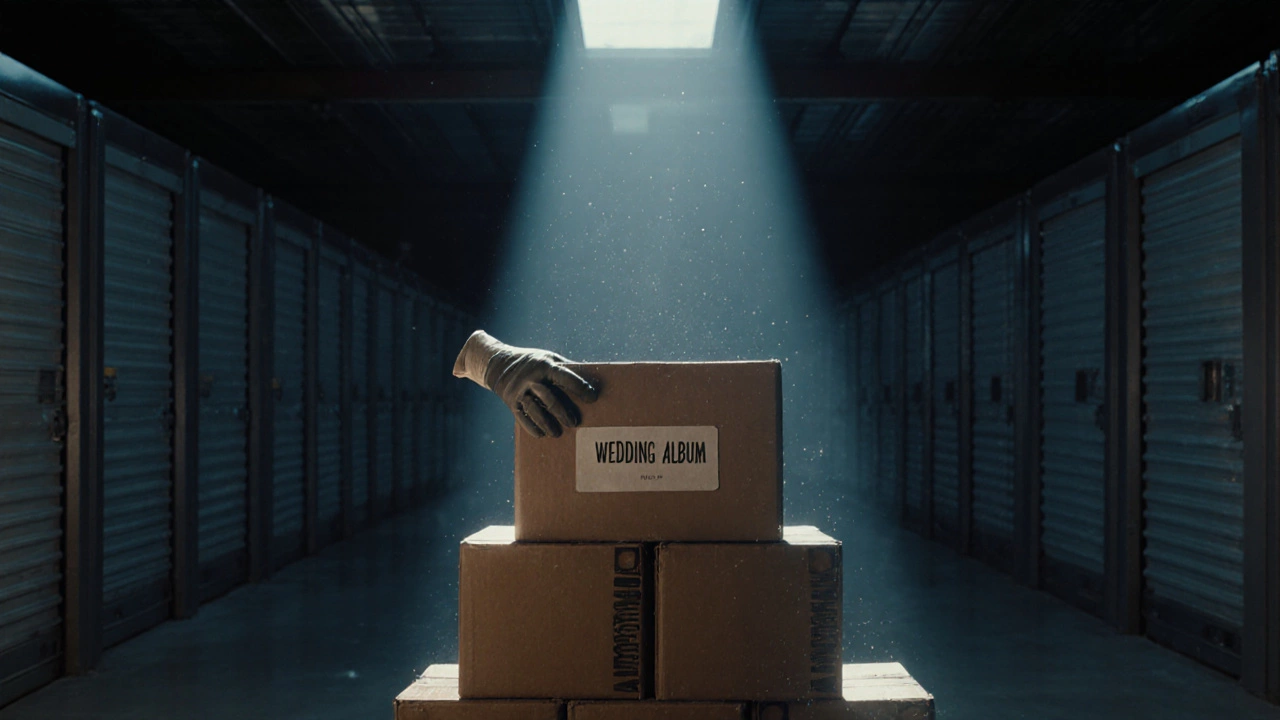 A single labeled box in a dark storage unit is lit by a beam of light, surrounded by unmarked crates.