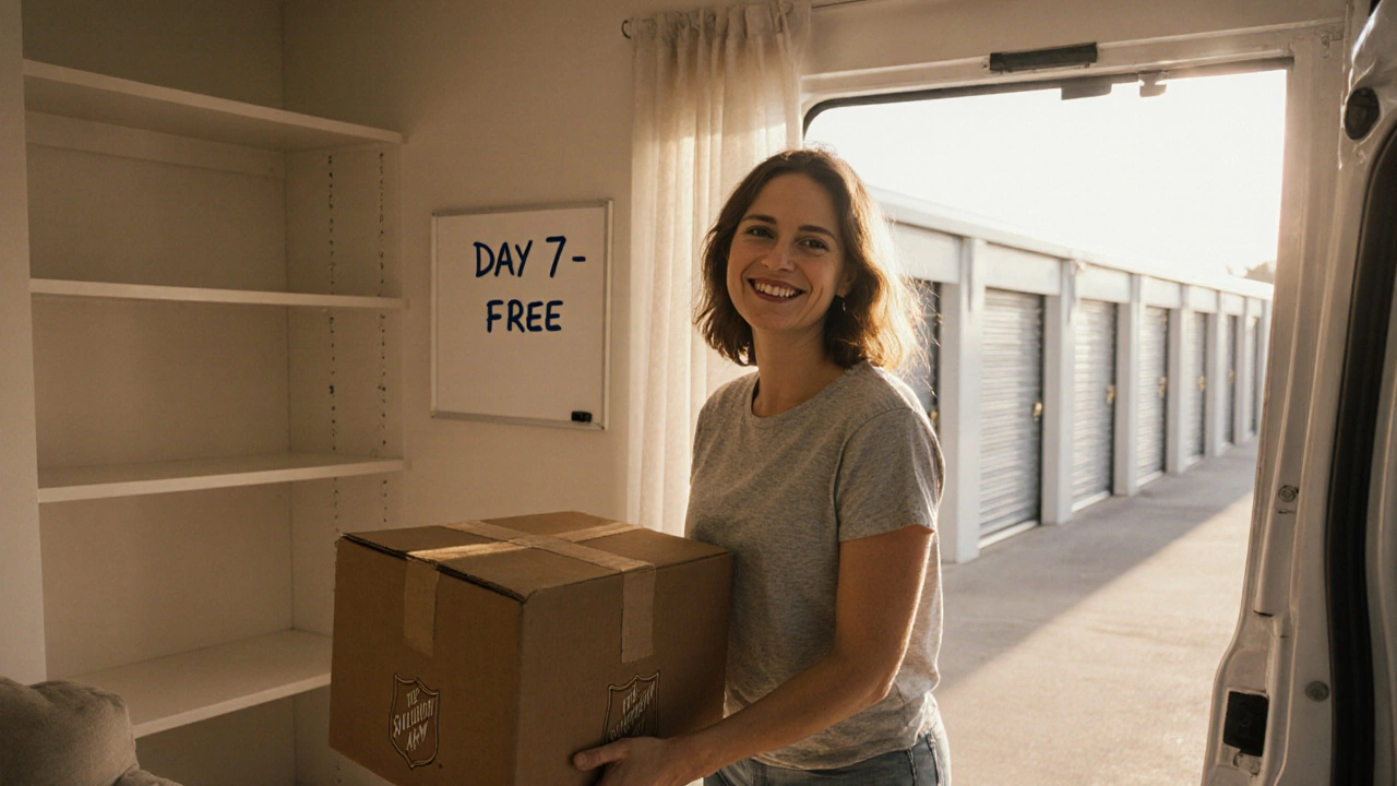 A woman donates boxes to a van while sunlight fills her newly cleared living room.