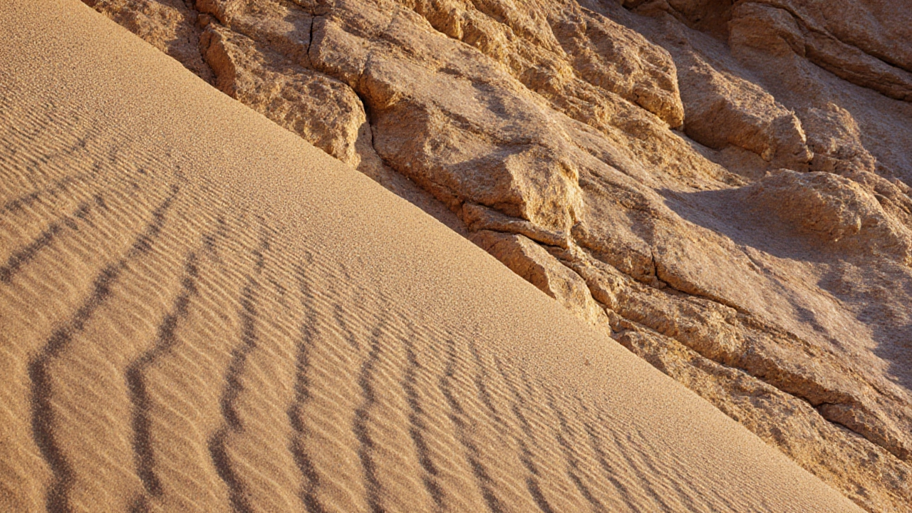 Ancient desert sandstone with diagonal cross-bedding patterns formed by wind-blown dunes.