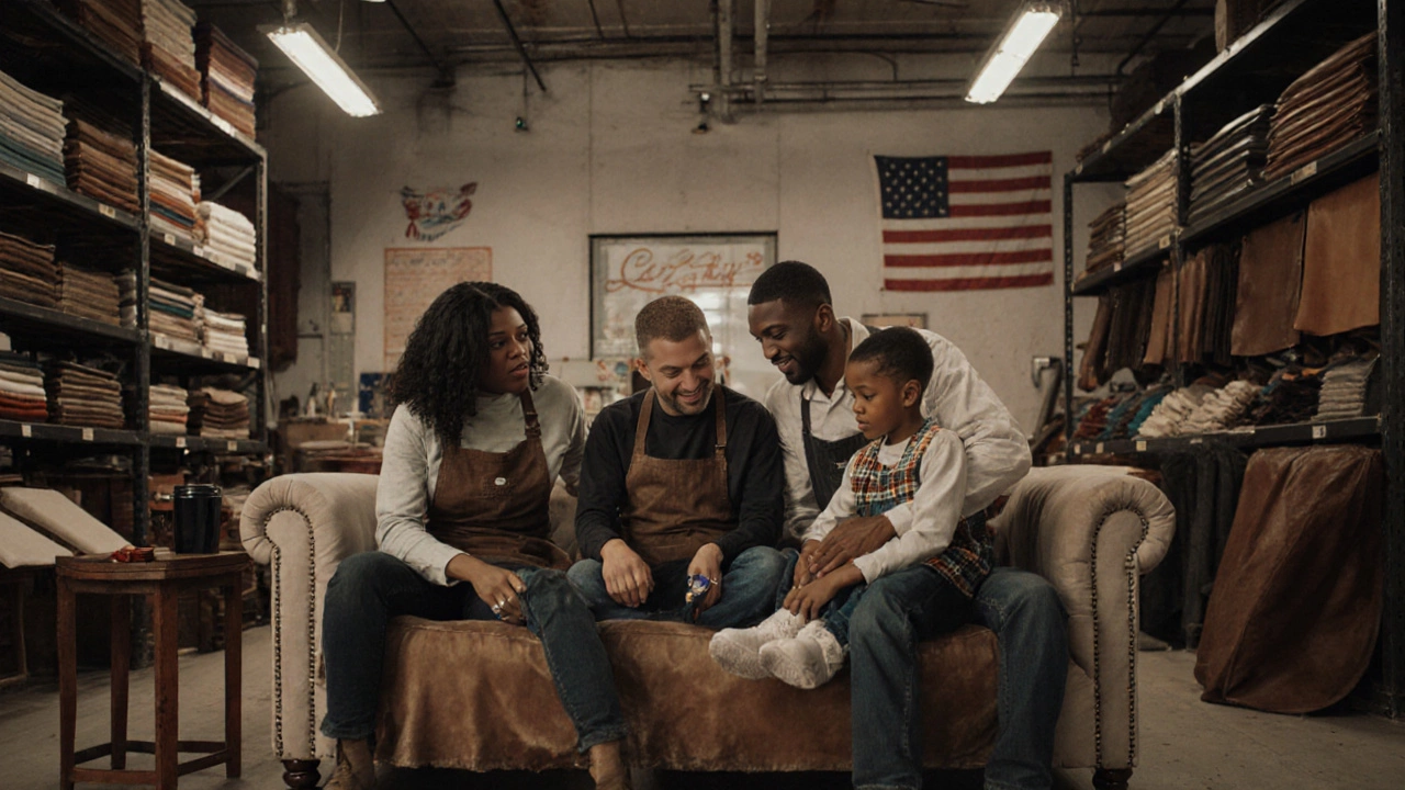Artisans inspecting custom La-Z-Boy furniture in a U.S. factory with fabric swatches.